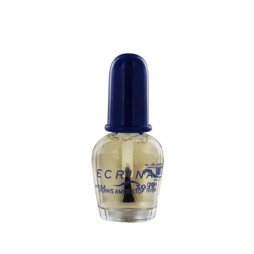 Klare Nagellackflasche mit blauem Deckel. Schwarzer Pinsel. Aufschrift: Ecrinal, Vernis Amer Stop Rongé.