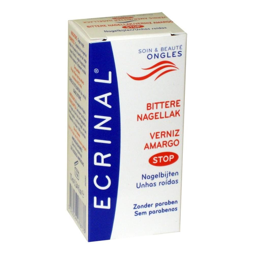 Weiße Schachtel mit blauer und roter Schrift. Aufschrift: Ecrinal, Bittere Nagellack, Verniz Amargo, Stop. Ohne Parabene.