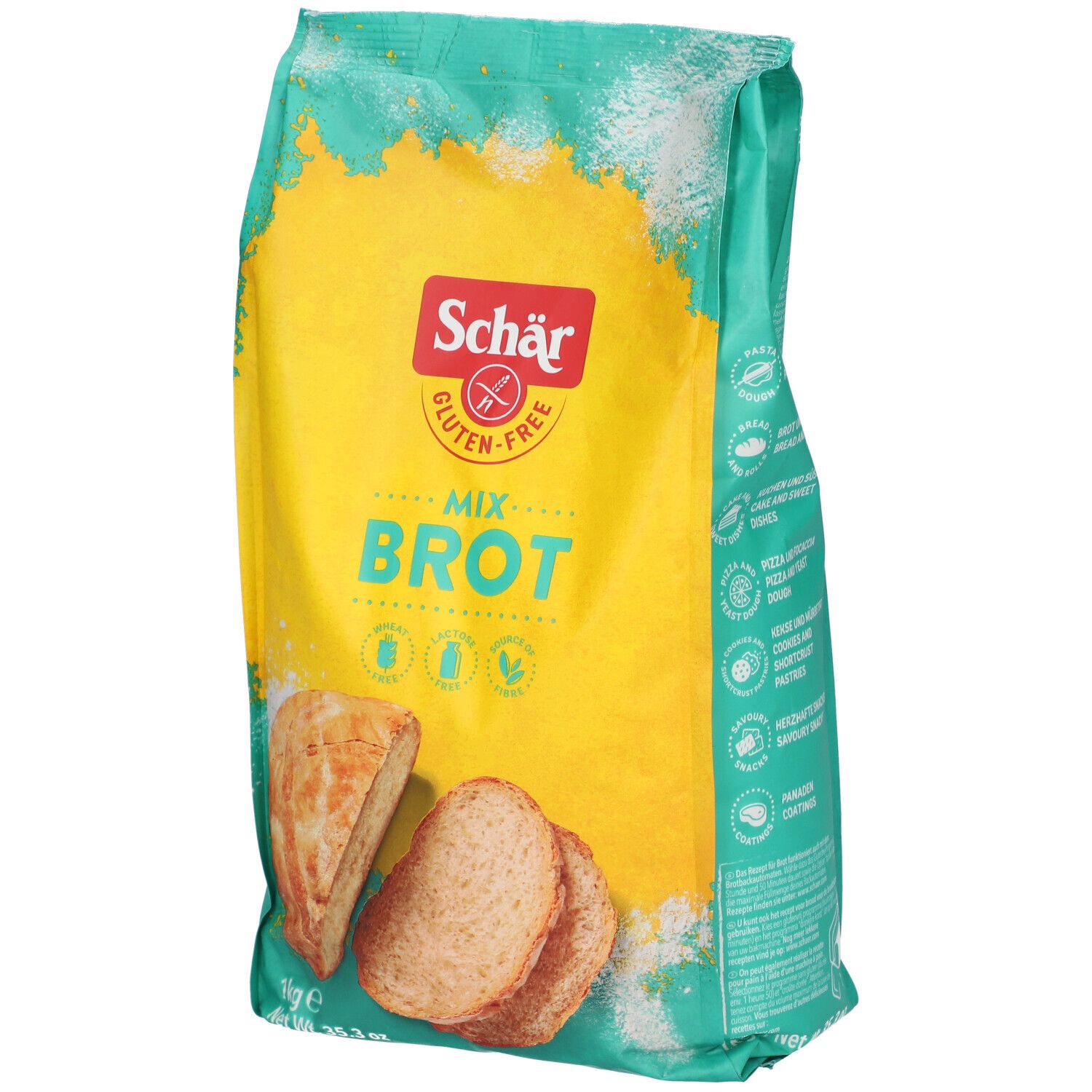 Emballage vert Schär Mix Brot sans gluten. Image de pain. Logo et nom du produit.