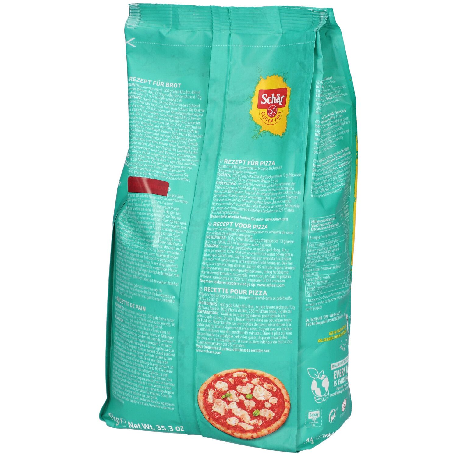 Emballage vert Schär Mix Brot. Dos avec recettes et image de pizza. Logo et nom du produit.