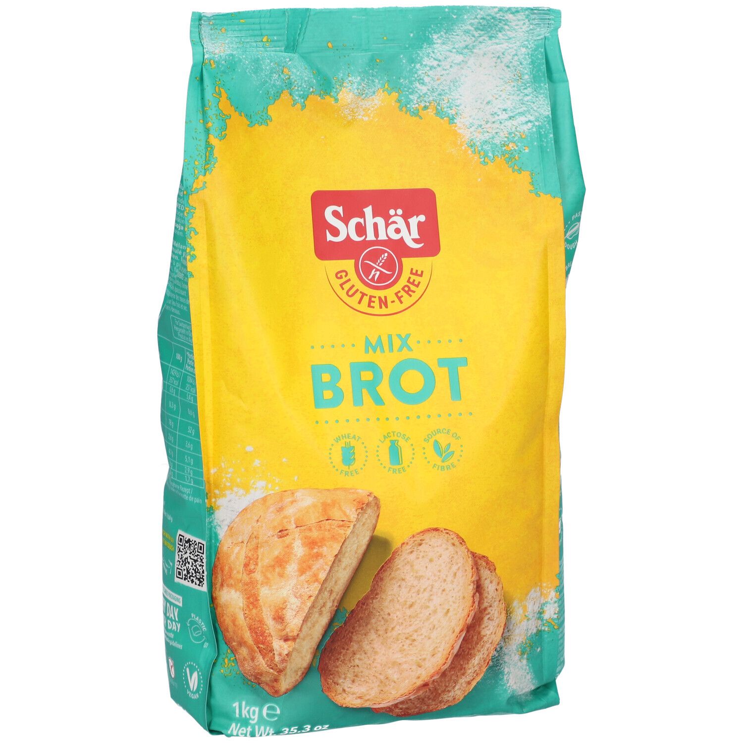 Emballage vert Schär Mix Brot. Vue de face avec image de pain. Logo et nom du produit.