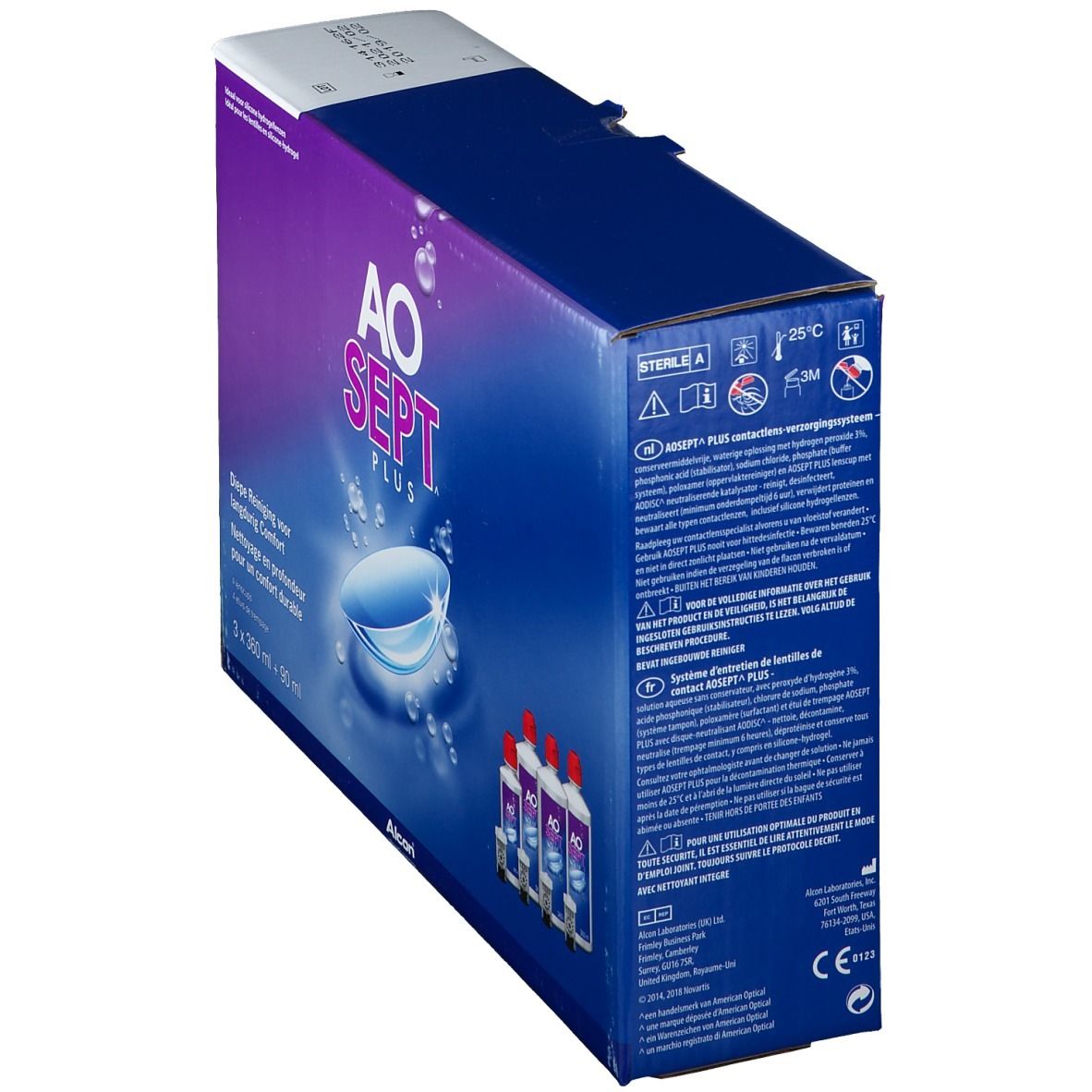 Verpackung von AOSEPT PLUS. Blaue Schachtel mit Produktlogo und Flaschen. Enthält 3 Flaschen.