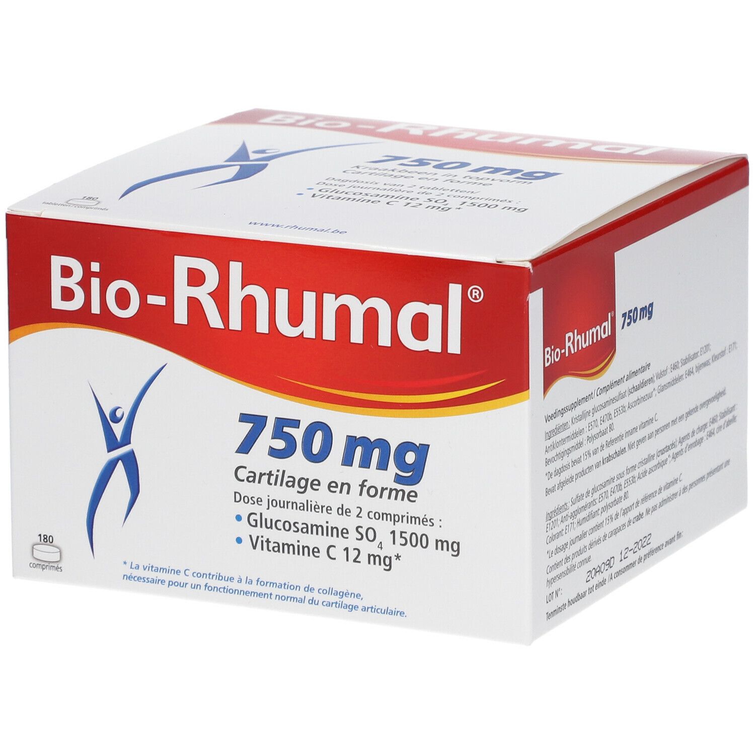 Weiß-rote Schachtel mit "Bio-Rhumal 750 mg". Enthält 180 Tabletten. Aufschrift: Glucosamin, Vitamin C.  Cartilage en forme.