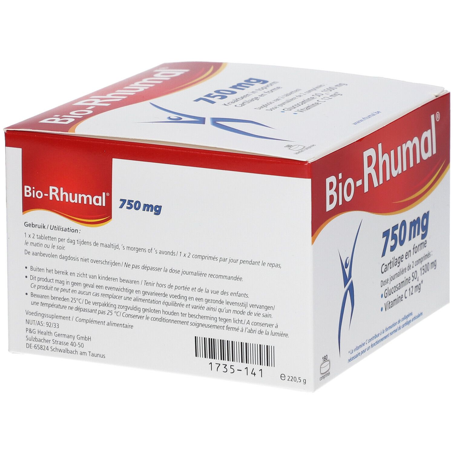 Weiß-rote Schachtel "Bio-Rhumal 750 mg". Rückseite mit Text, u.a. Gebrauchsanweisung.  Cartilage en forme.  Enthält Glucosamin, Vitamin C.