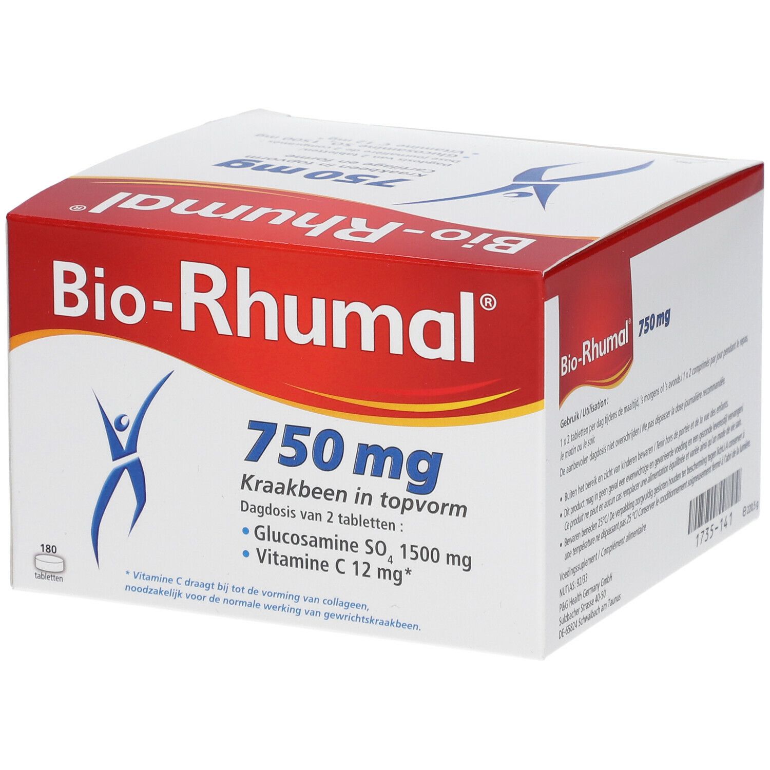 Weiß-rote Schachtel "Bio-Rhumal 750 mg".  Enthält Glucosamin, Vitamin C.  Kraakbeen in topvorm.  180 Tabletten.