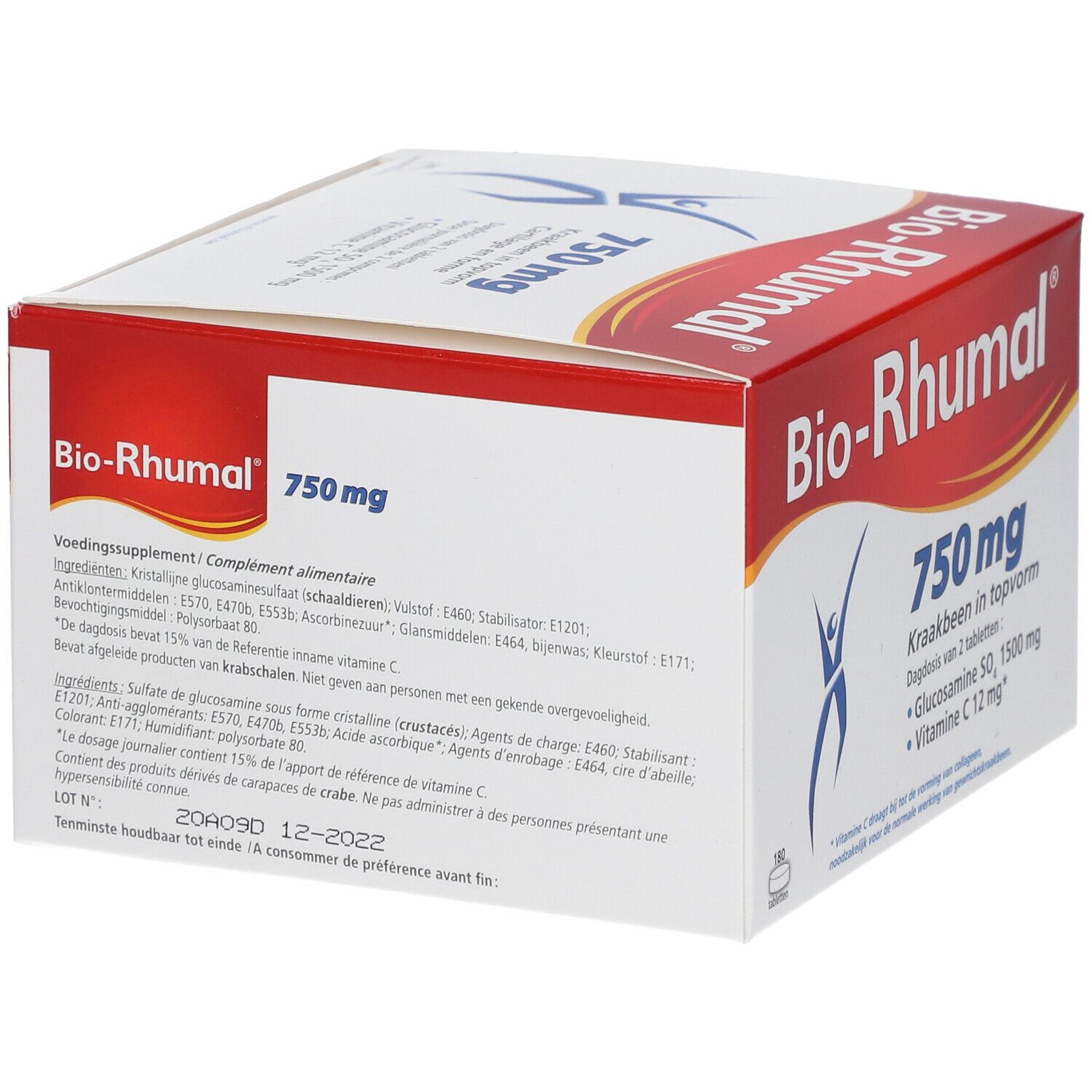 Weiß-rote Schachtel "Bio-Rhumal 750 mg". Rückseite mit Inhaltsstoffen.  Cartilage en forme.  Enthält Glucosamin, Vitamin C.