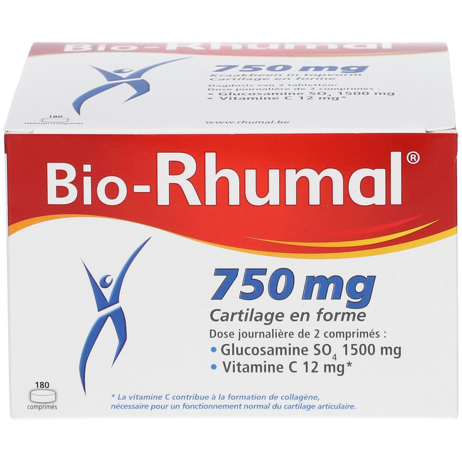 Weiß-rote Schachtel "Bio-Rhumal 750 mg".  Enthält 180 Tabletten.  Cartilage en forme.  Glucosamin, Vitamin C.