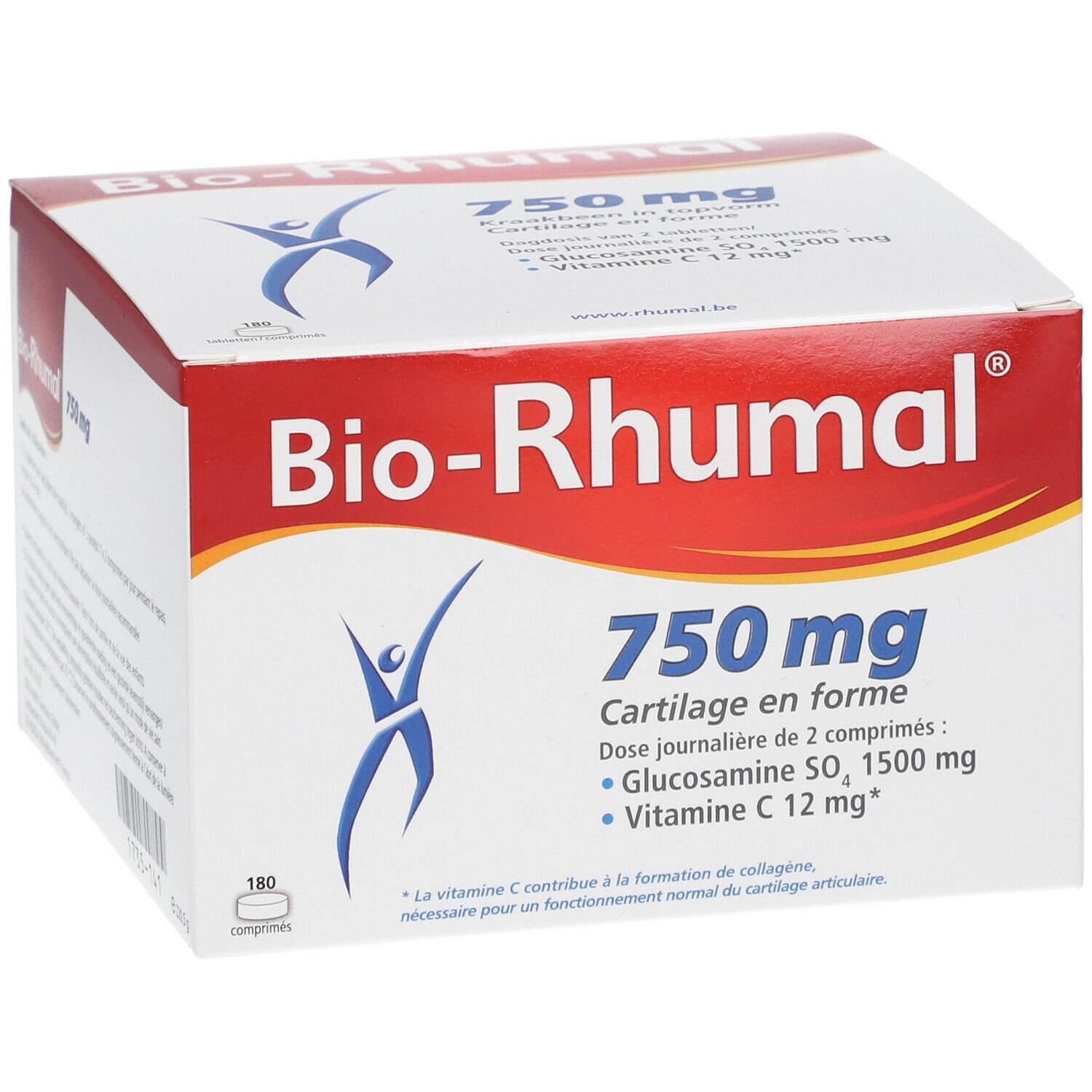 Weiß-rote Schachtel "Bio-Rhumal 750 mg".  Enthält 180 Tabletten.  Cartilage en forme.  Glucosamin, Vitamin C.