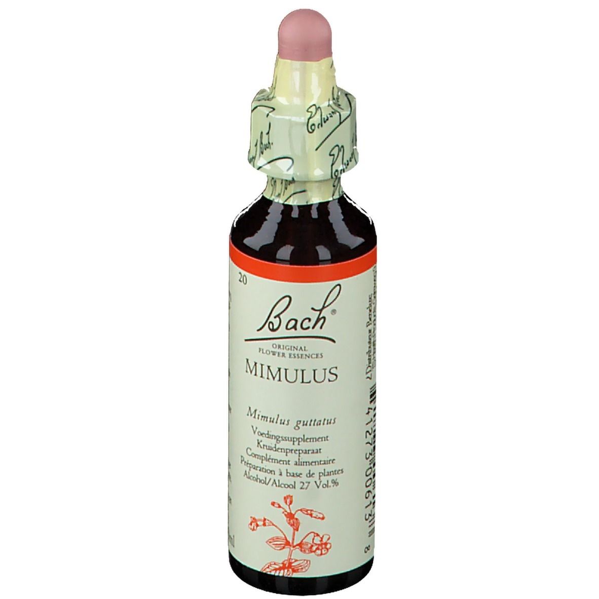 Braune Glasflasche mit rosa Verschluss. Beschriftung: Bach, MIMULUS Nr. 20, Original Flower Essences. Etikett mit Inhaltsangaben.