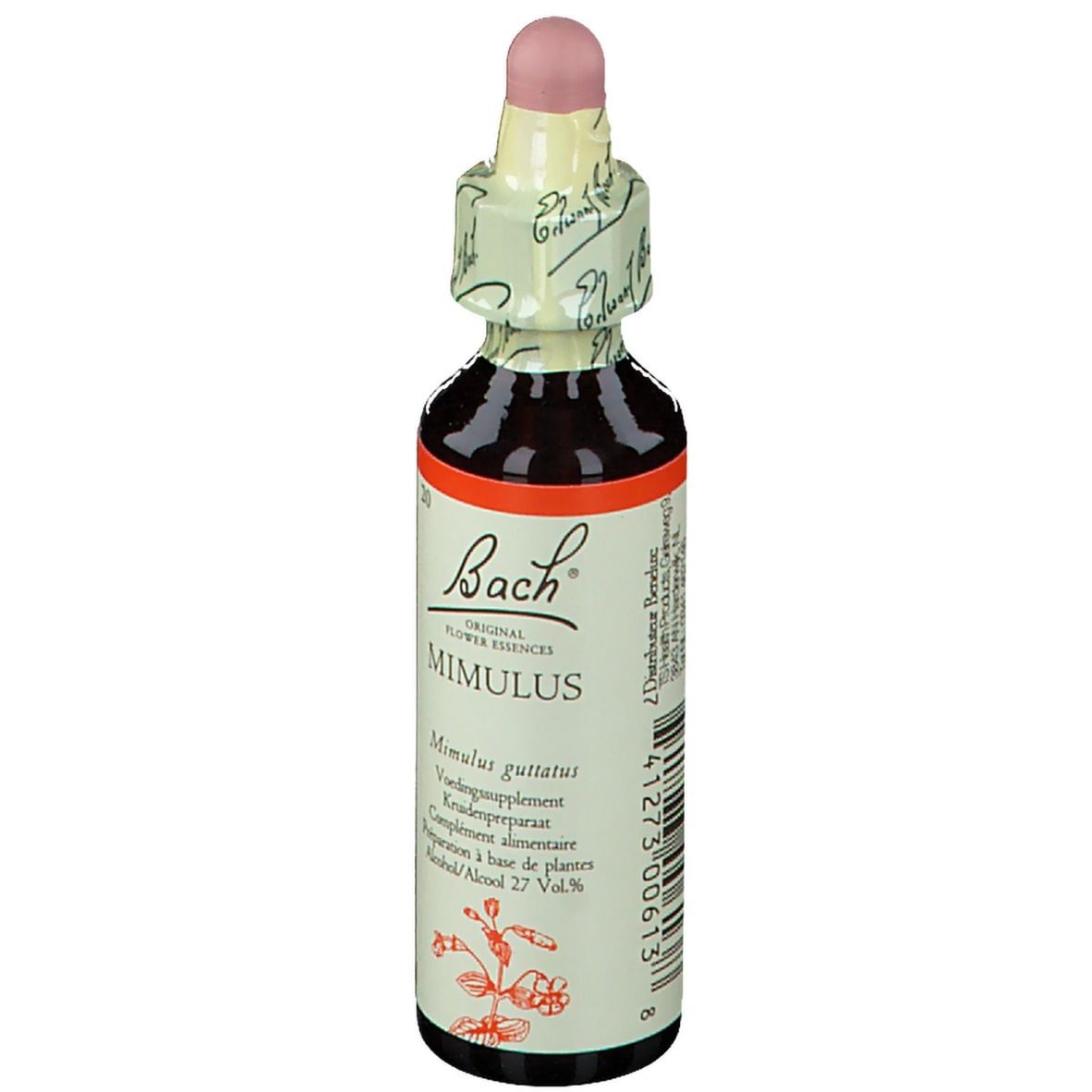Braune Glasflasche mit rosa Verschluss. Beschriftung: Bach, MIMULUS Nr. 20, Original Flower Essences. Etikett mit Inhaltsangaben.