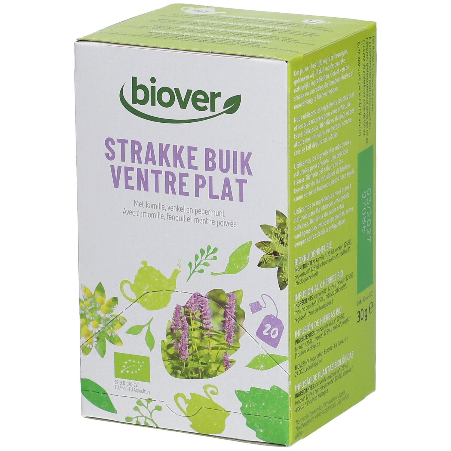 Boîte Biover 'Strakke Buik Ventre Plat'. Contient 20 sachets de thé. Camomille, fenouil et menthe poivrée. Label bio.