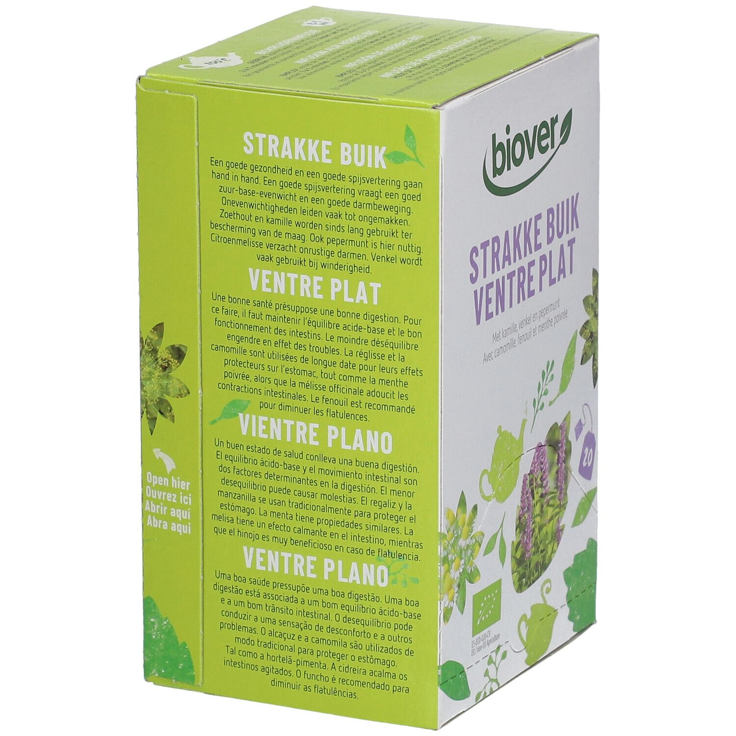 Boîte verte Biover, texte multilingue. Informations sur le produit. Label bio.