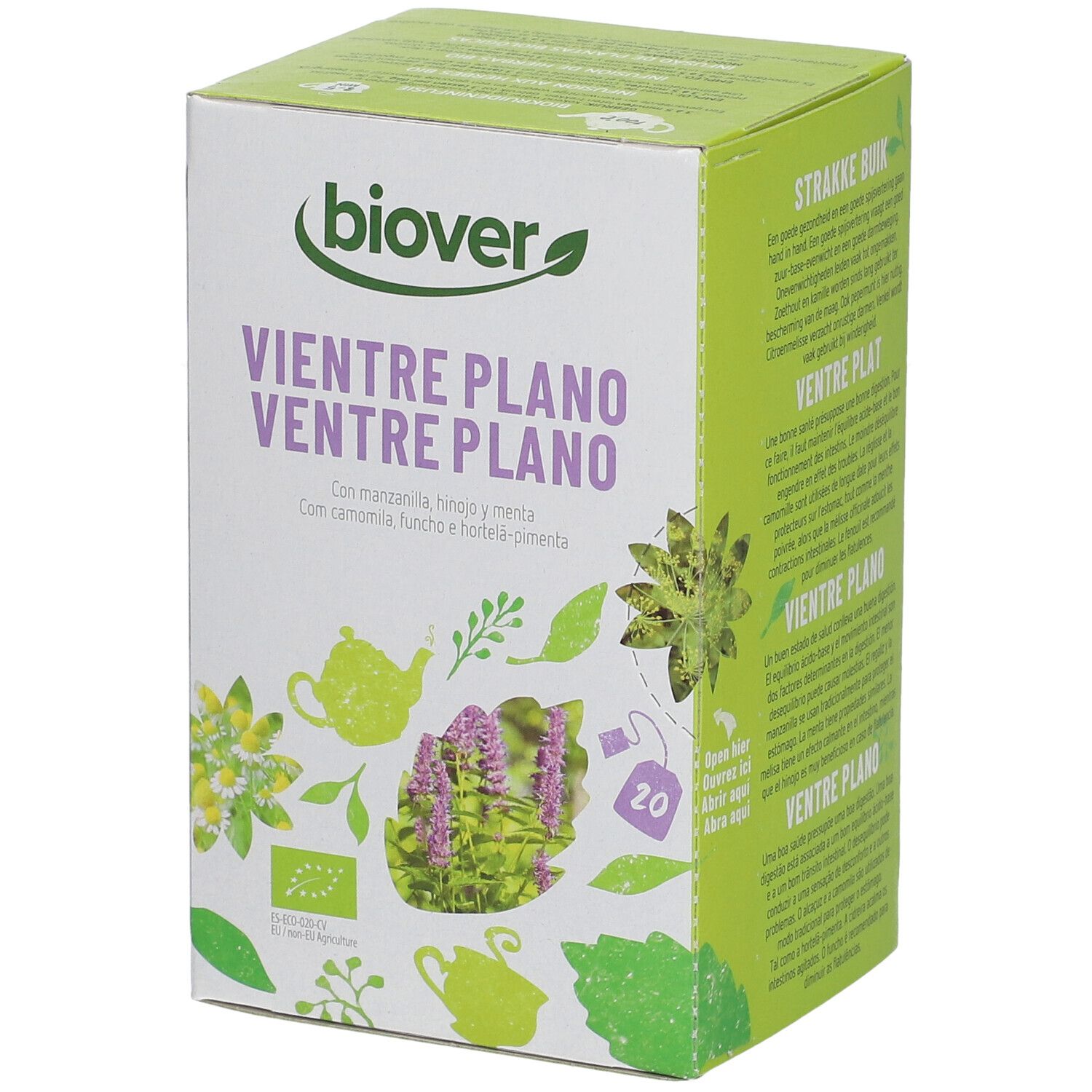 Boîte Biover 'Ventre Plano'. Contient 20 sachets de thé. Camomille, fenouil et menthe. Label bio.