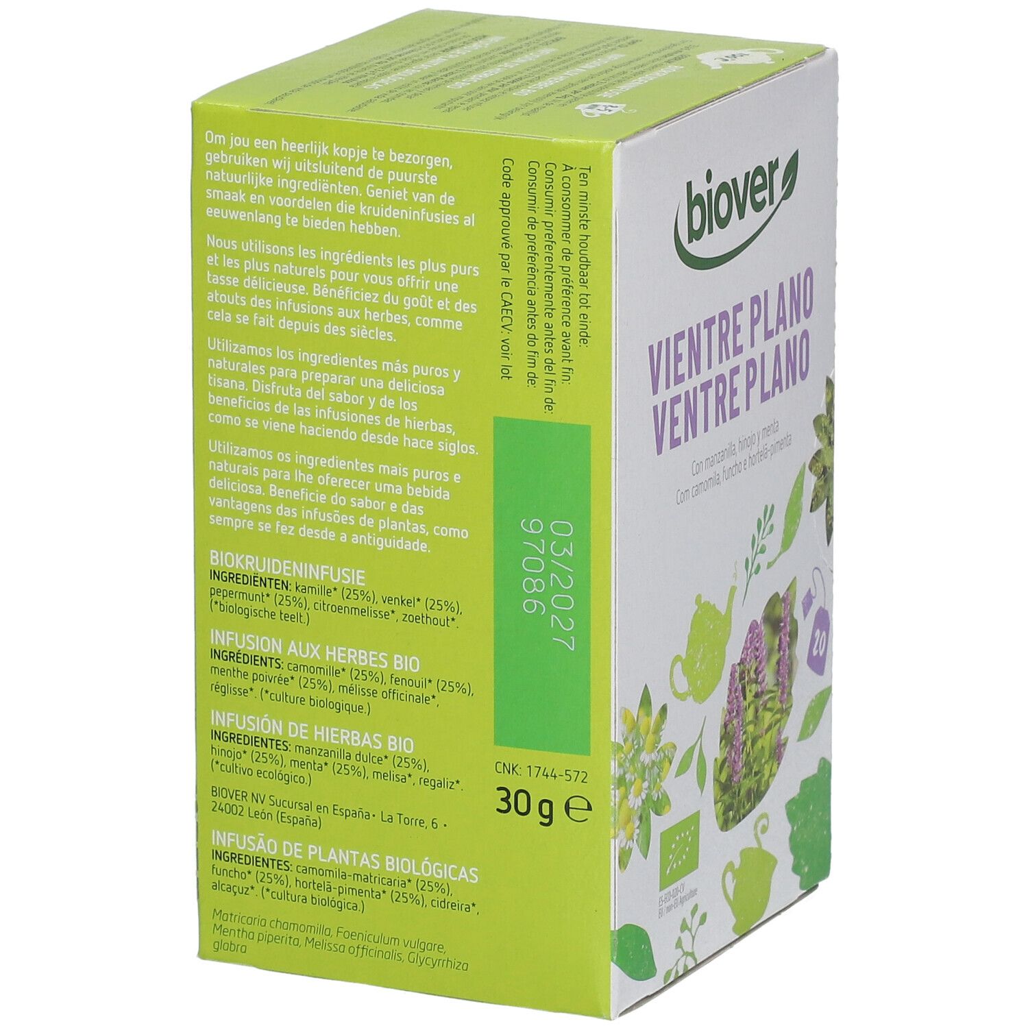 Boîte verte Biover, texte multilingue. Informations sur le produit. Label bio.