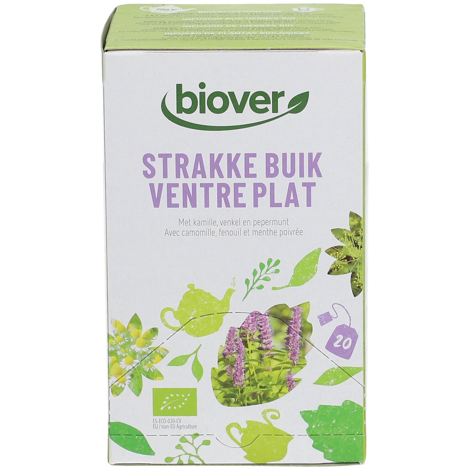 Boîte Biover 'Strakke Buik Ventre Plat'. Contient 20 sachets de thé. Camomille, fenouil et menthe poivrée. Label bio.