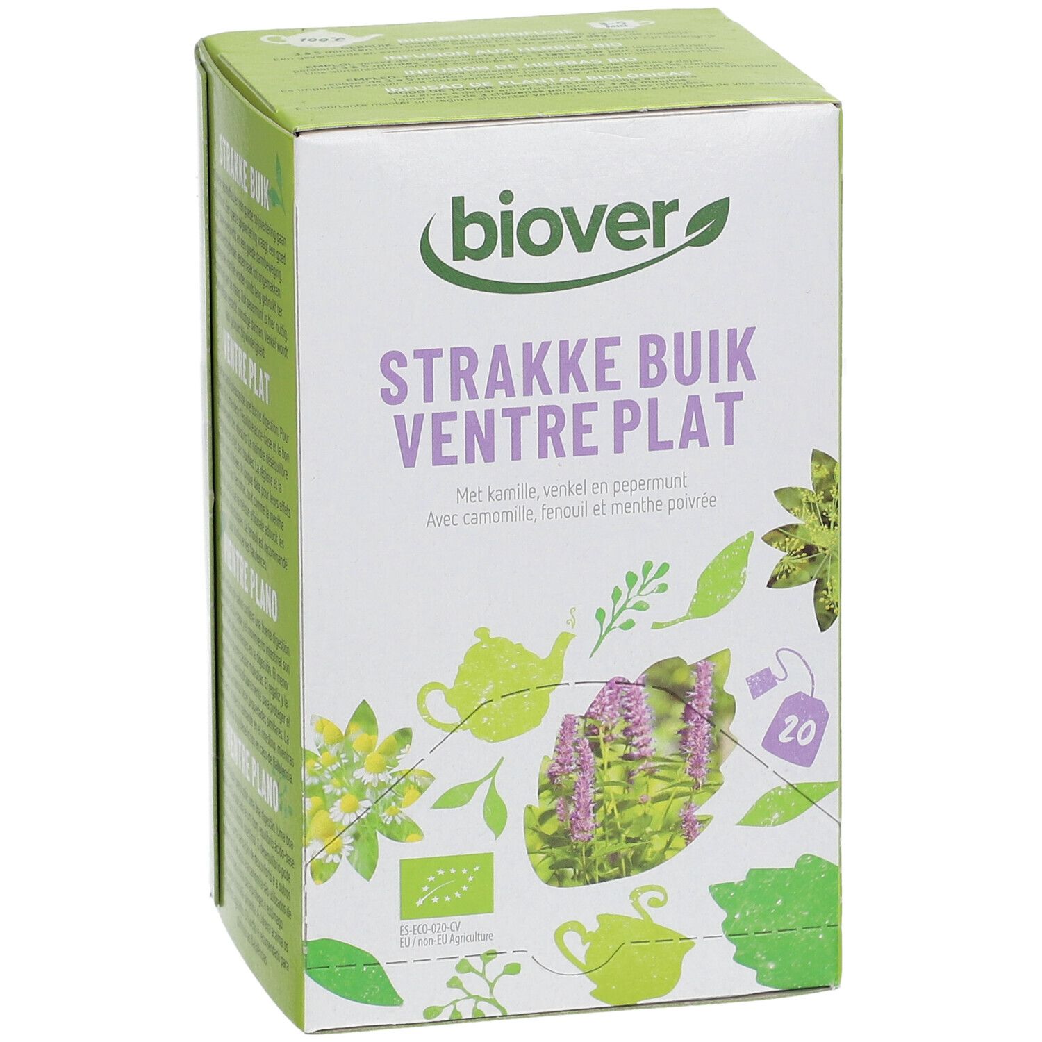 Boîte Biover 'Strakke Buik Ventre Plat'. Contient 20 sachets de thé. Camomille, fenouil et menthe poivrée. Label bio.