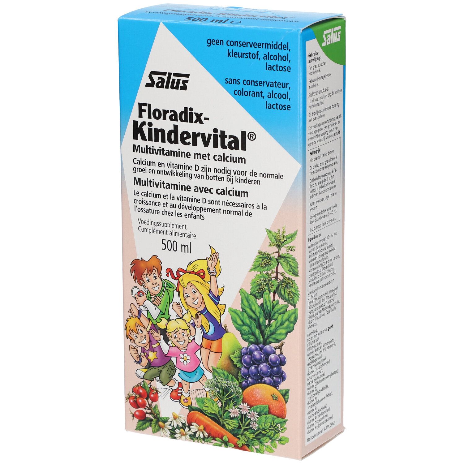 Verpackung von Salus Floradix Kindervital. Enthält Multivitamine mit Calcium. Aufschrift in Niederländisch, Französisch und Deutsch.
