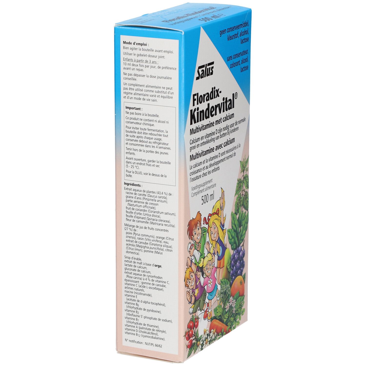 Verpackung von Salus Floradix Kindervital. Enthält Multivitamine mit Calcium. Aufschrift in Niederländisch, Französisch und Deutsch.