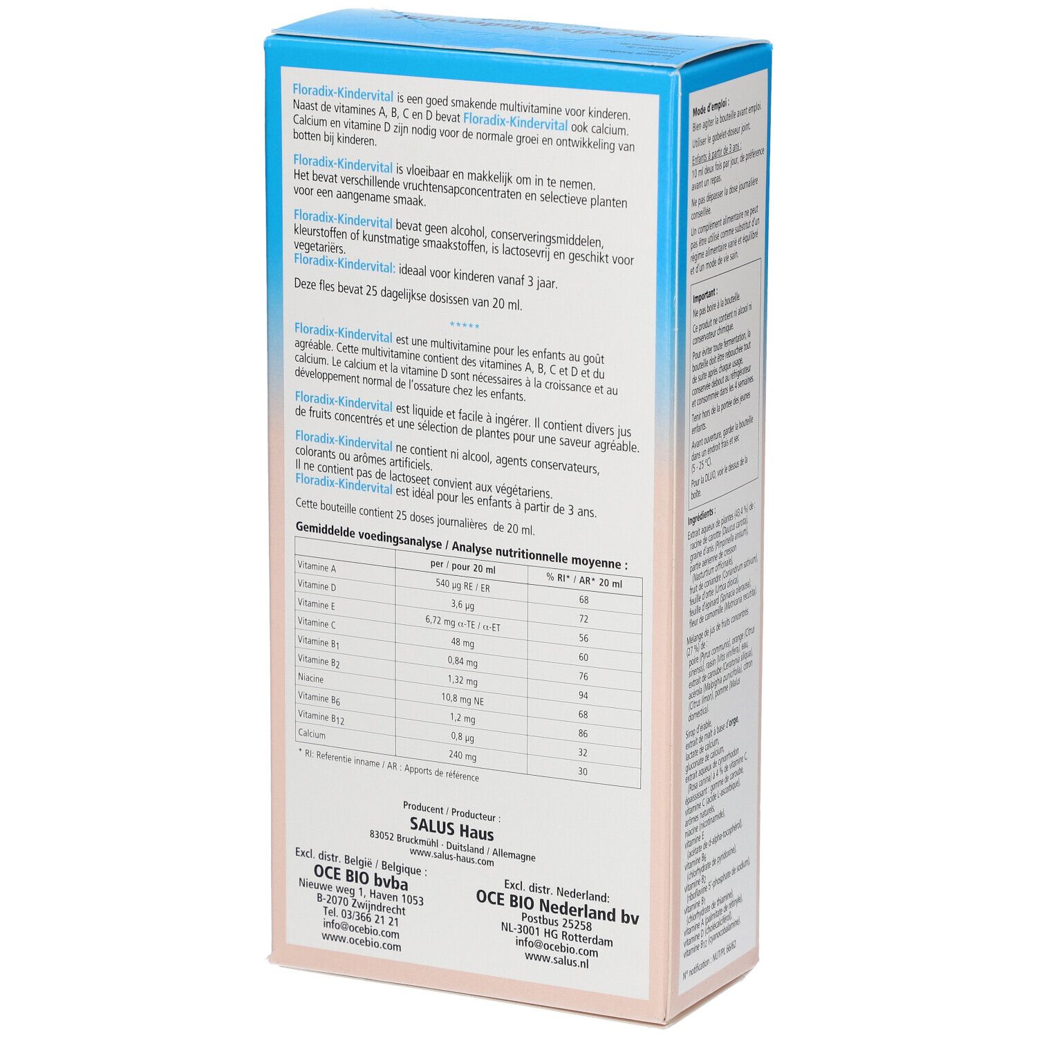 Verpackung von Salus Floradix Kindervital. Enthält Multivitamine mit Calcium. Aufschrift in Niederländisch, Französisch und Deutsch.