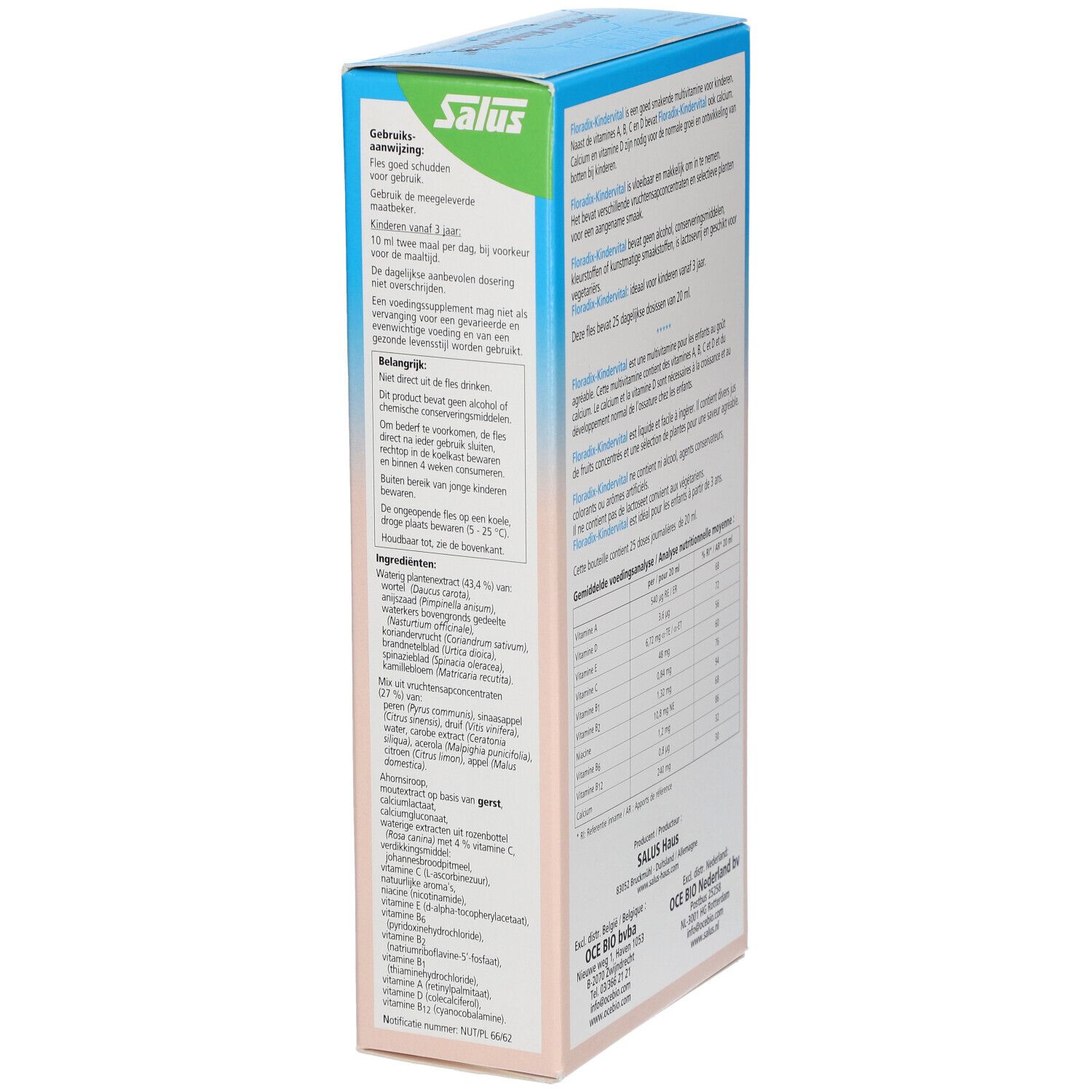 Verpackung von Salus Floradix Kindervital. Enthält Multivitamine mit Calcium. Aufschrift in Niederländisch, Französisch und Deutsch.