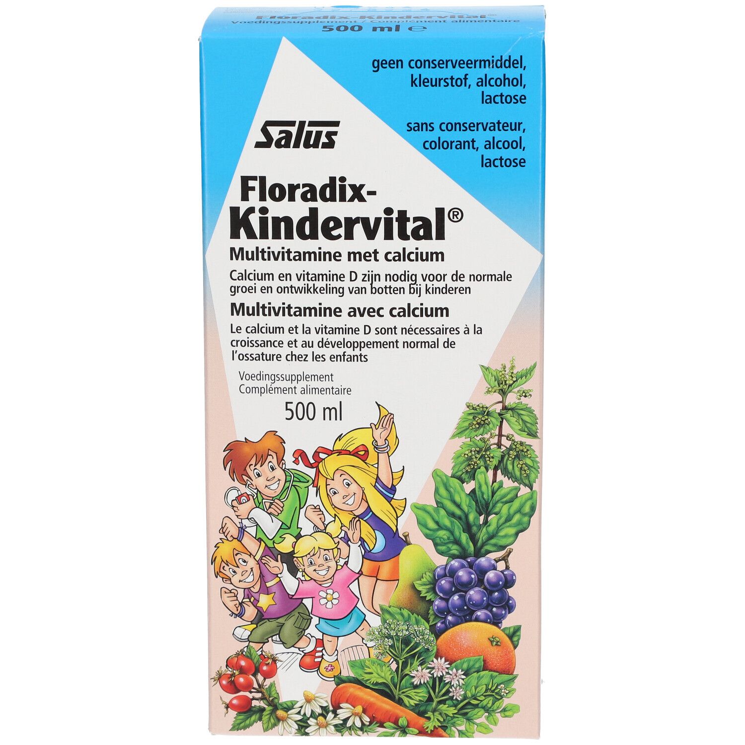 Verpackung von Salus Floradix Kindervital. Enthält Multivitamine mit Calcium. Aufschrift in Niederländisch, Französisch und Deutsch.