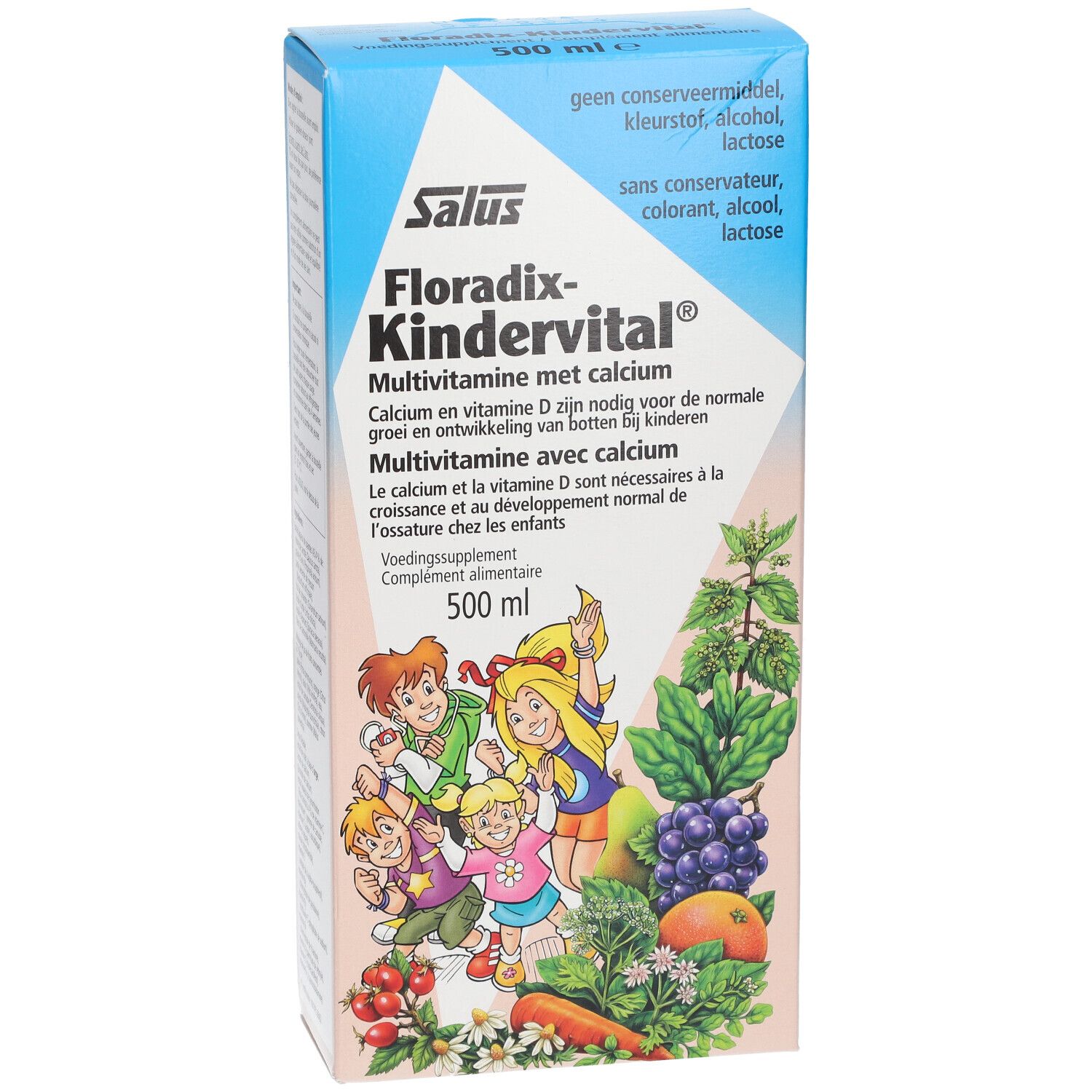 Verpackung von Salus Floradix Kindervital. Enthält Multivitamine mit Calcium. Aufschrift in Niederländisch, Französisch und Deutsch.