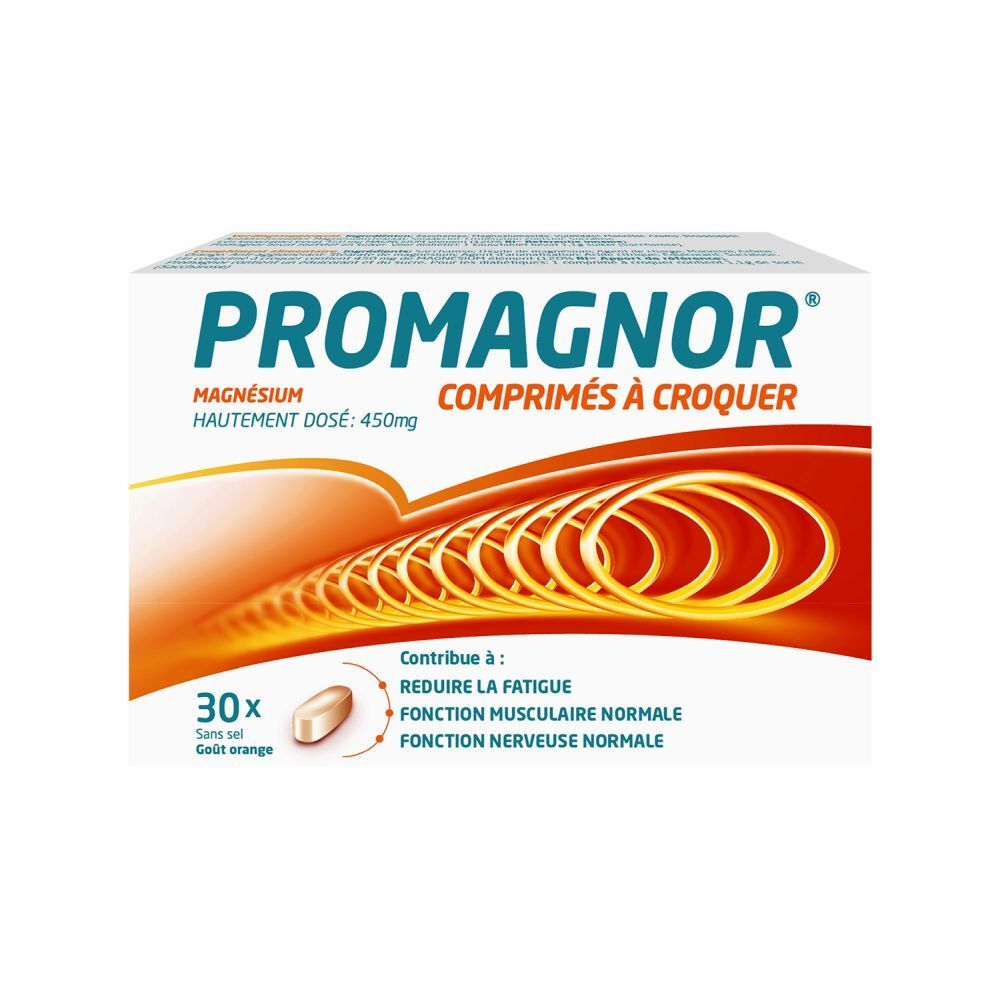PROMAGNOR®-Verpackung. 30 Tabletten zum Kauen. Orangefarbener Hintergrund mit gelben Kreisen.