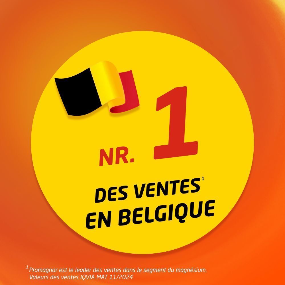 Boîte de PROMAGNOR® comprimés à croquer. 30 comprimés. Fond orange avec cercles jaunes.