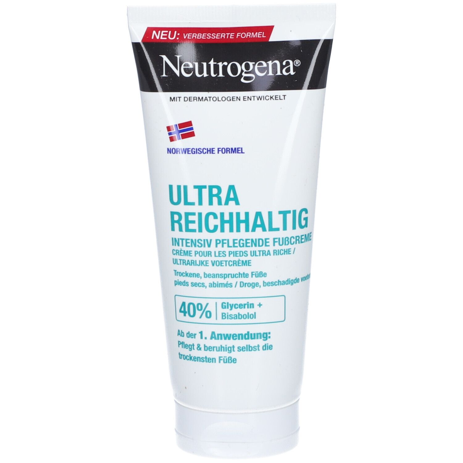 Weiße Tube mit Neutrogena-Logo und Produktbezeichnung. Text: Ultra Reichhaltige Fußcreme. Enthält 40% Glycerin + Bisabolol.