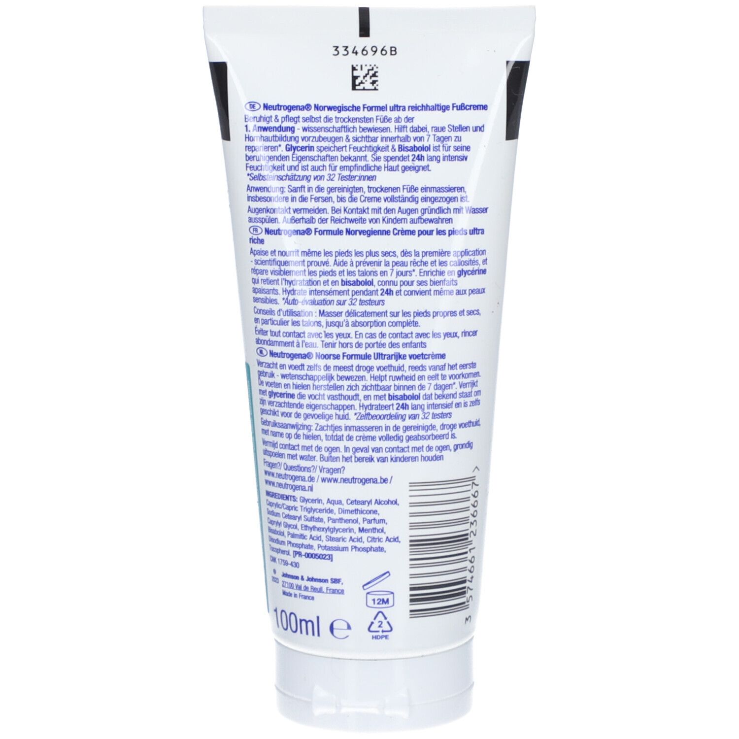 Rückseite der Tube. Text: Neutrogena Norwegische Formel. Informationen zur Anwendung und Inhaltsstoffe. 100ml.