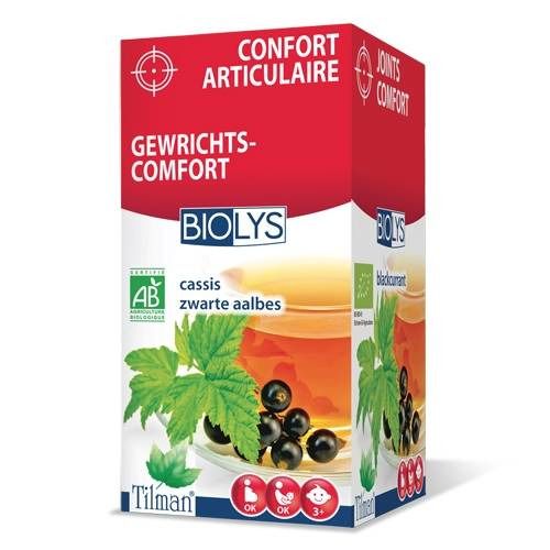 Boîte BIOLYS. Inscriptions: Confort Articulaire, Gewichts-Comfort, cassis, zware aalbes. Illustration de cassis et de feuilles.