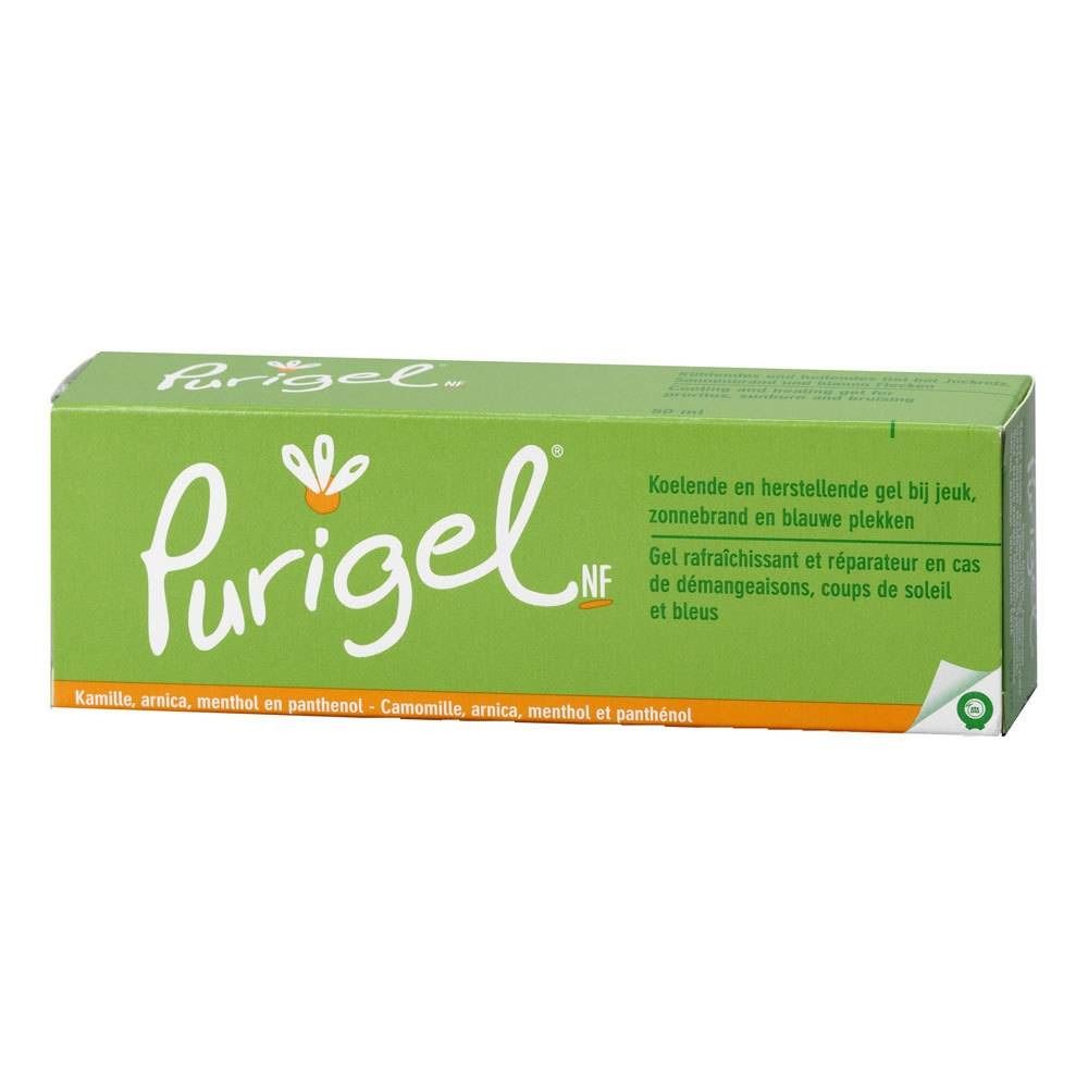 Grüne Verpackung mit Produktnamen Purigel. Text in Weiß und Grün. Enthält Informationen zu Inhaltsstoffen und Anwendungsbereichen.