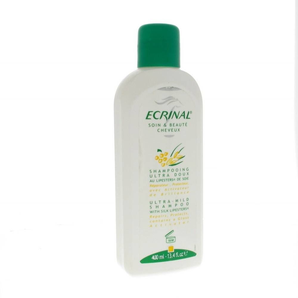 Flacon blanc, bouchon vert. Inscription ECRINAL, Shampooing Ultra Doux. Contenance : 400 ml.