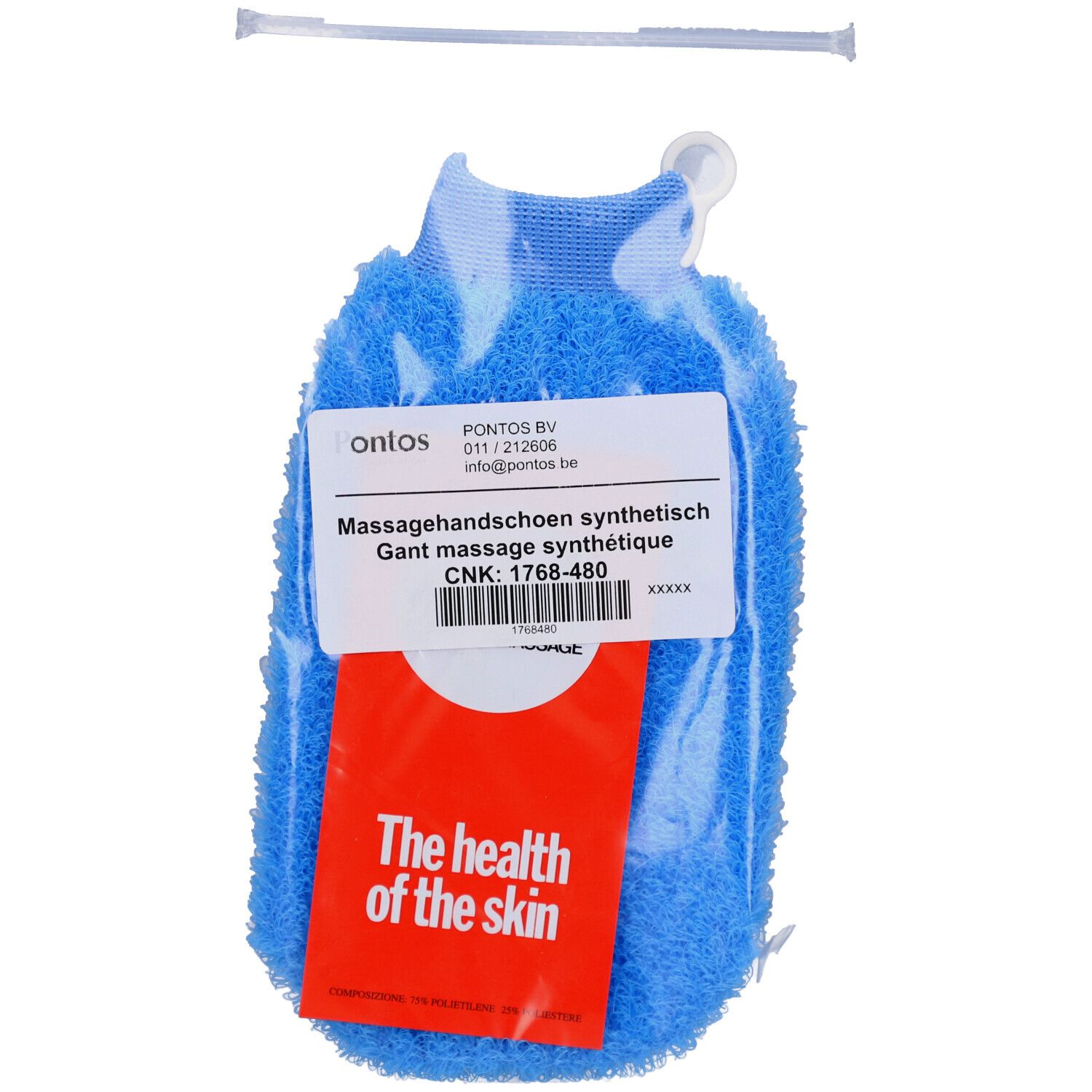 Blauer Massagehandschuh in Plastikverpackung. Etikett mit Produktinformationen. Aufhängevorrichtung.