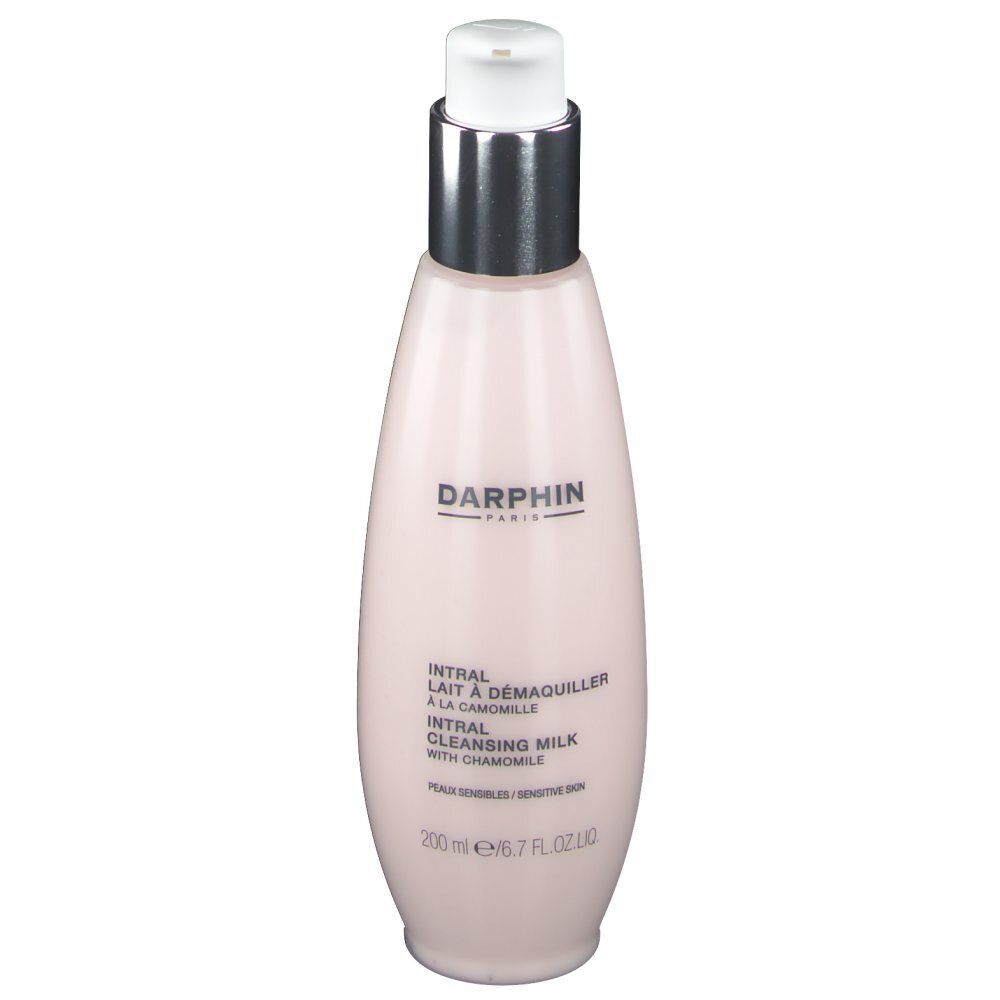 Flacon rose avec pompe blanche. Inscription: DARPHIN, Intral Lait à Démaquiller, Intral Cleansing Milk with Chamomile.