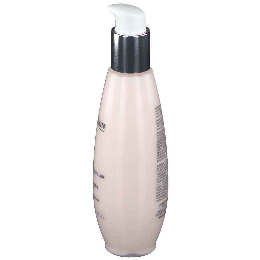 Flacon rose avec pompe blanche. Inscription: DARPHIN, informations produit. Vue latérale.