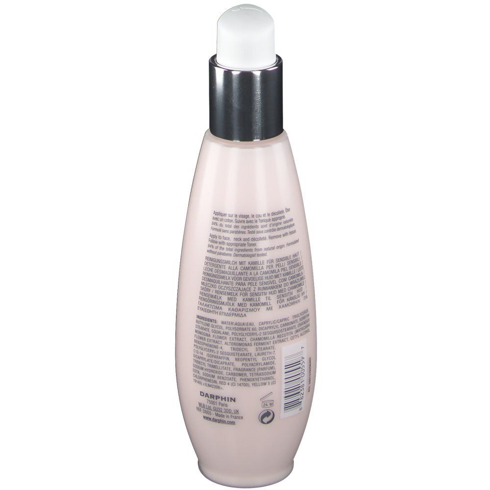 Flacon rose avec pompe blanche. Inscription: DARPHIN, informations produit. Vue arrière.