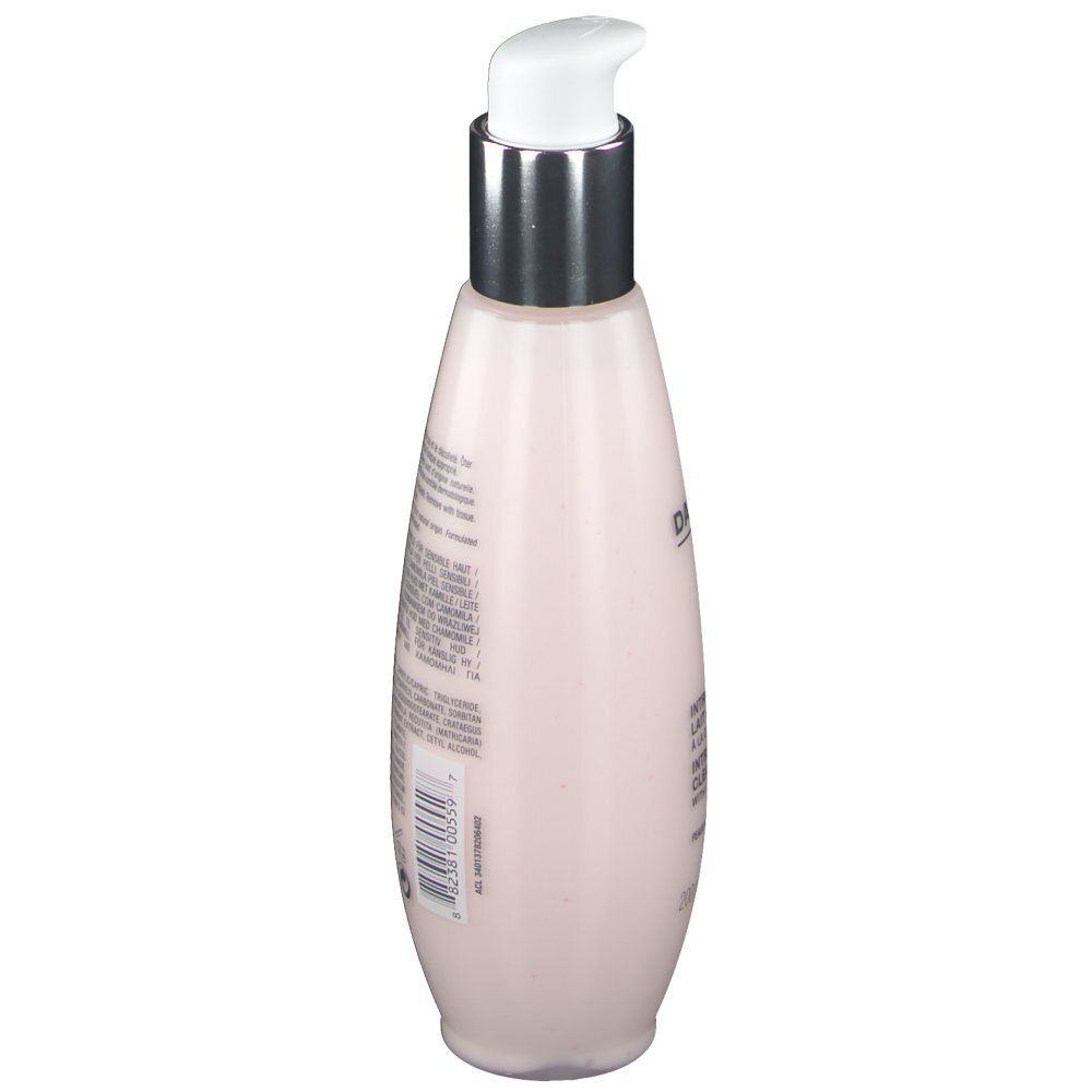 Flacon rose avec pompe blanche. Inscription: DARPHIN, informations produit. Vue latérale.