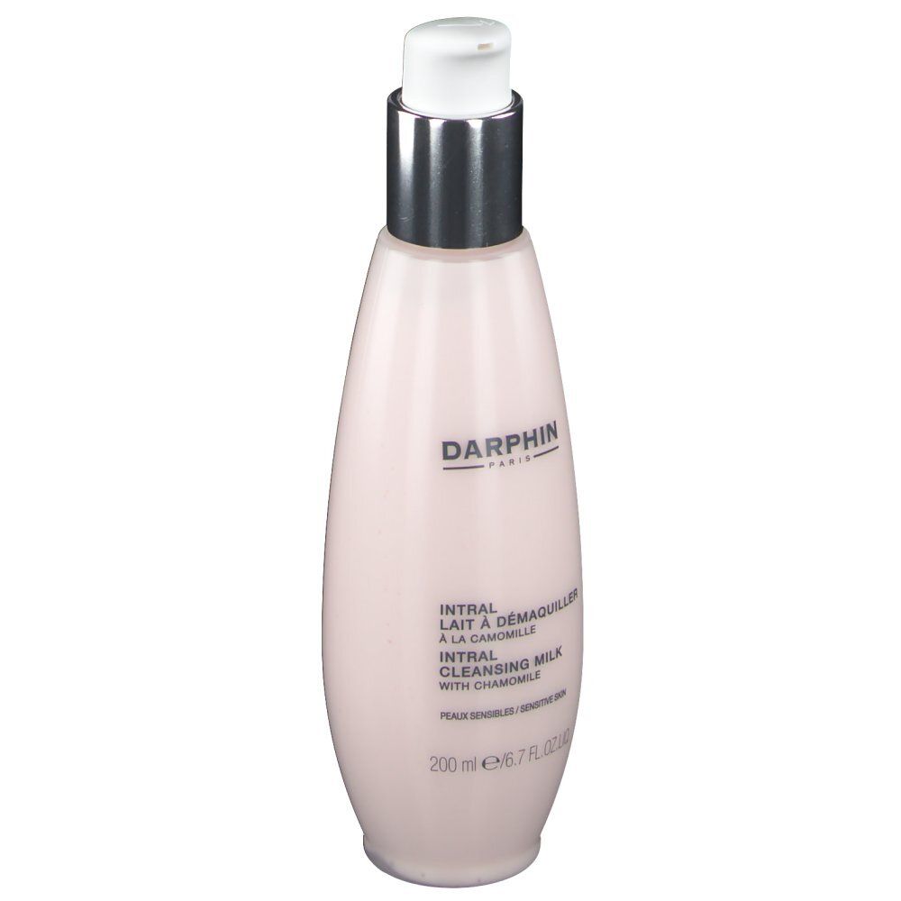 Flacon rose avec pompe blanche. Inscription: DARPHIN, Intral Lait à Démaquiller, Intral Cleansing Milk with Chamomile.