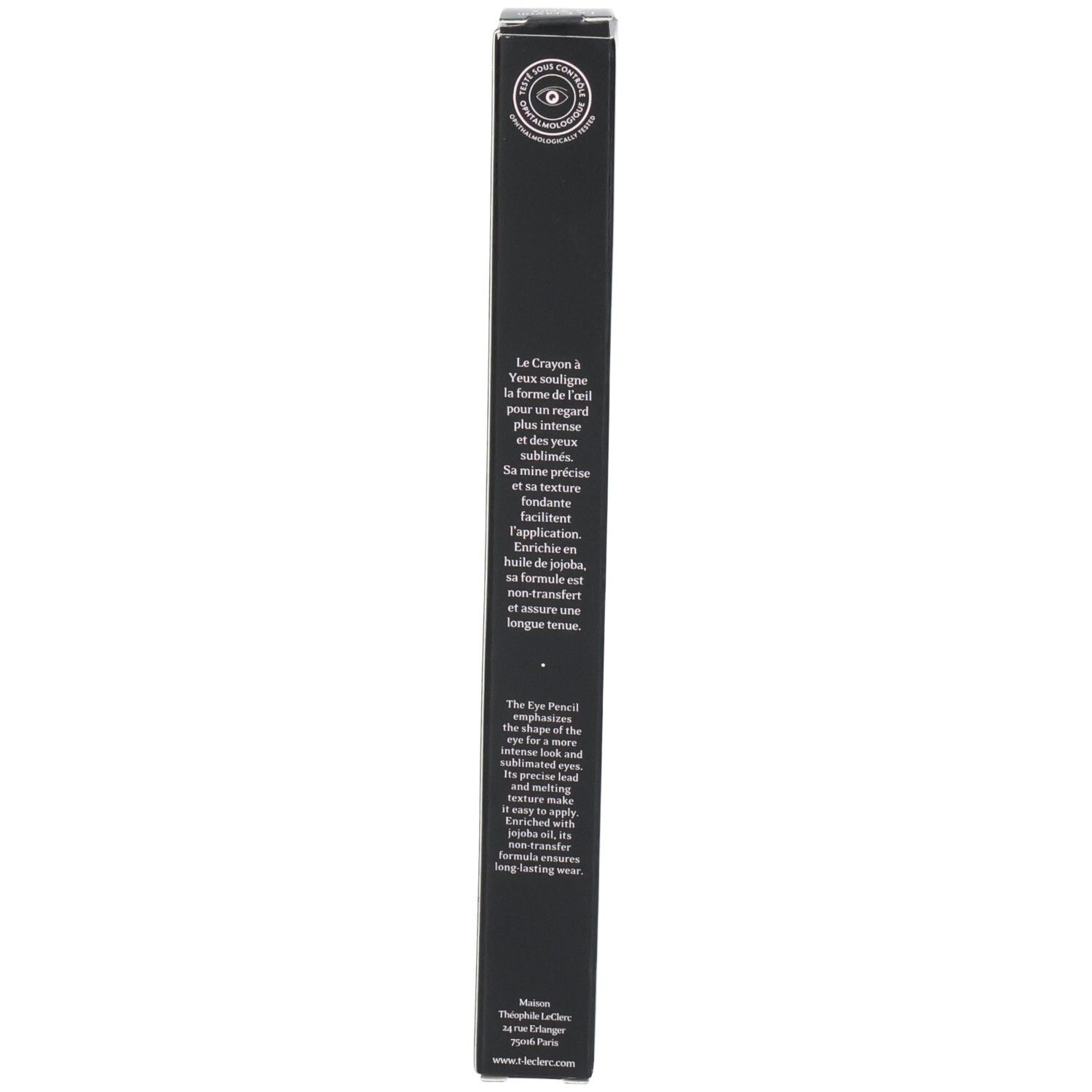 T.LeClerc Eye Pencil Verpackung. Schwarzer Karton mit detaillierten Produktbeschreibungen in mehreren Sprachen.
