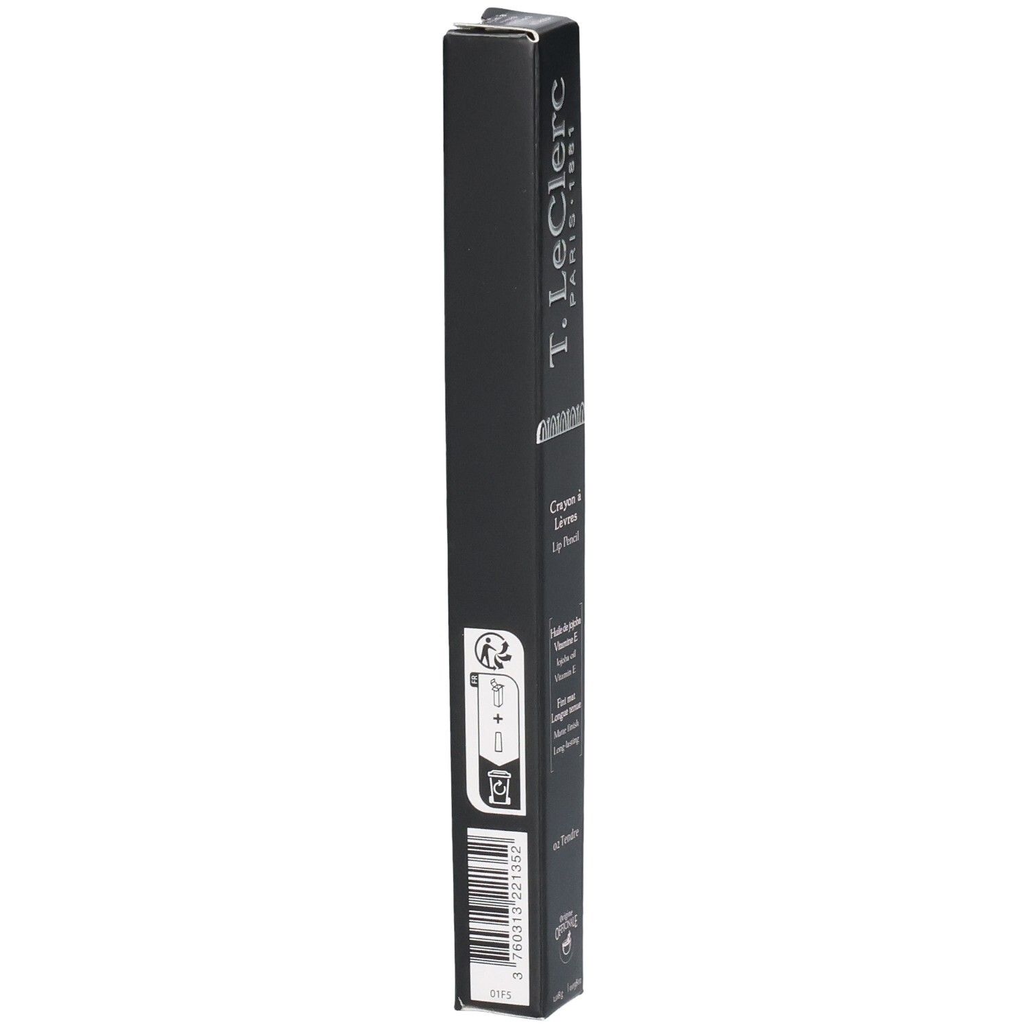 Schwarze Verpackung mit Produktinformationen. Marke: T.LeClerc. Barcode und Recycling-Symbole.