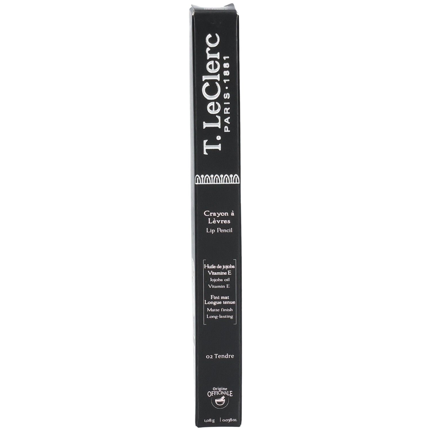 Schwarze Verpackung mit Produktinformationen. Marke: T.LeClerc. Produkt: Lip Pencil. Farbe: 02 Tendre.