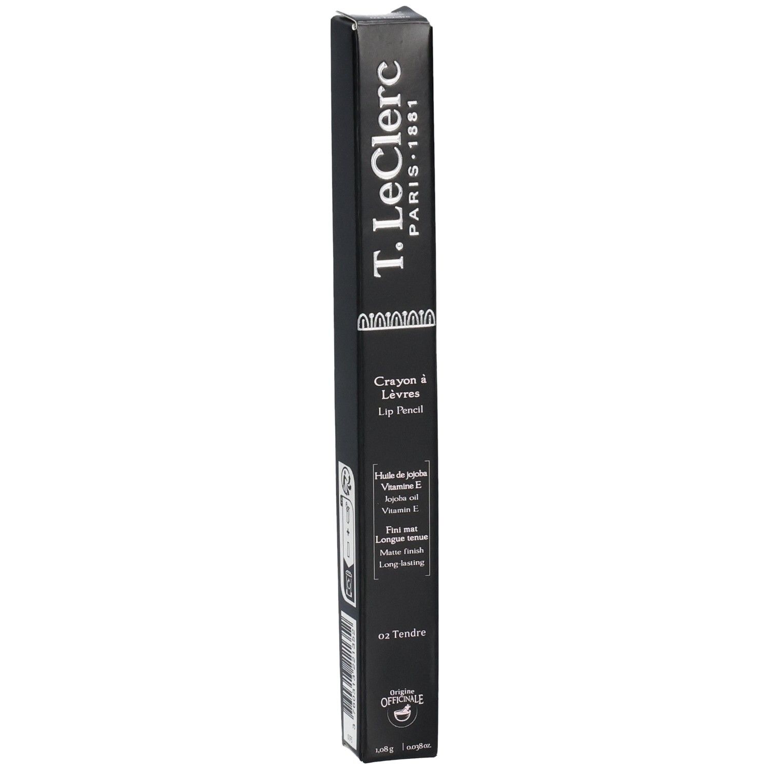 Schwarze Verpackung mit Produktinformationen. Marke: T.LeClerc. Produkt: Lip Pencil. Farbe: 02 Tendre.