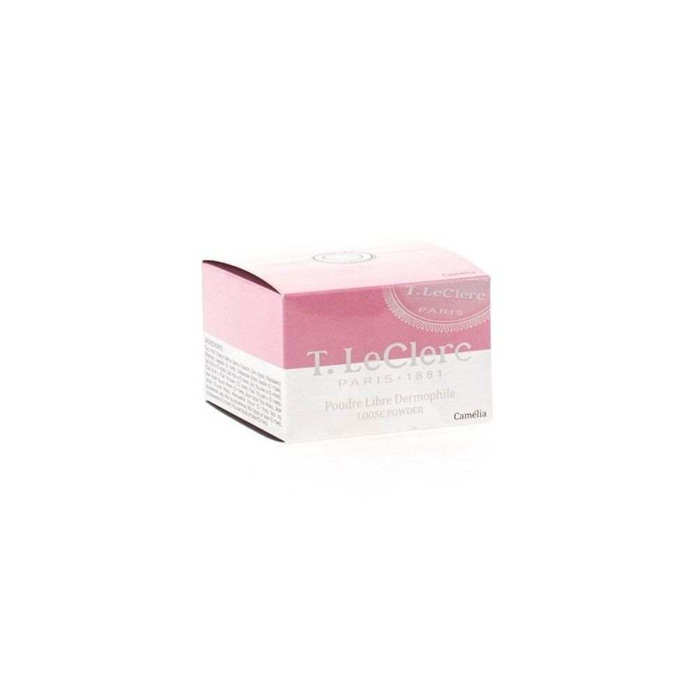 Boîte rose avec informations produit. Marque : T.LeClerc. Produit : Poudre Libre Dermophile.