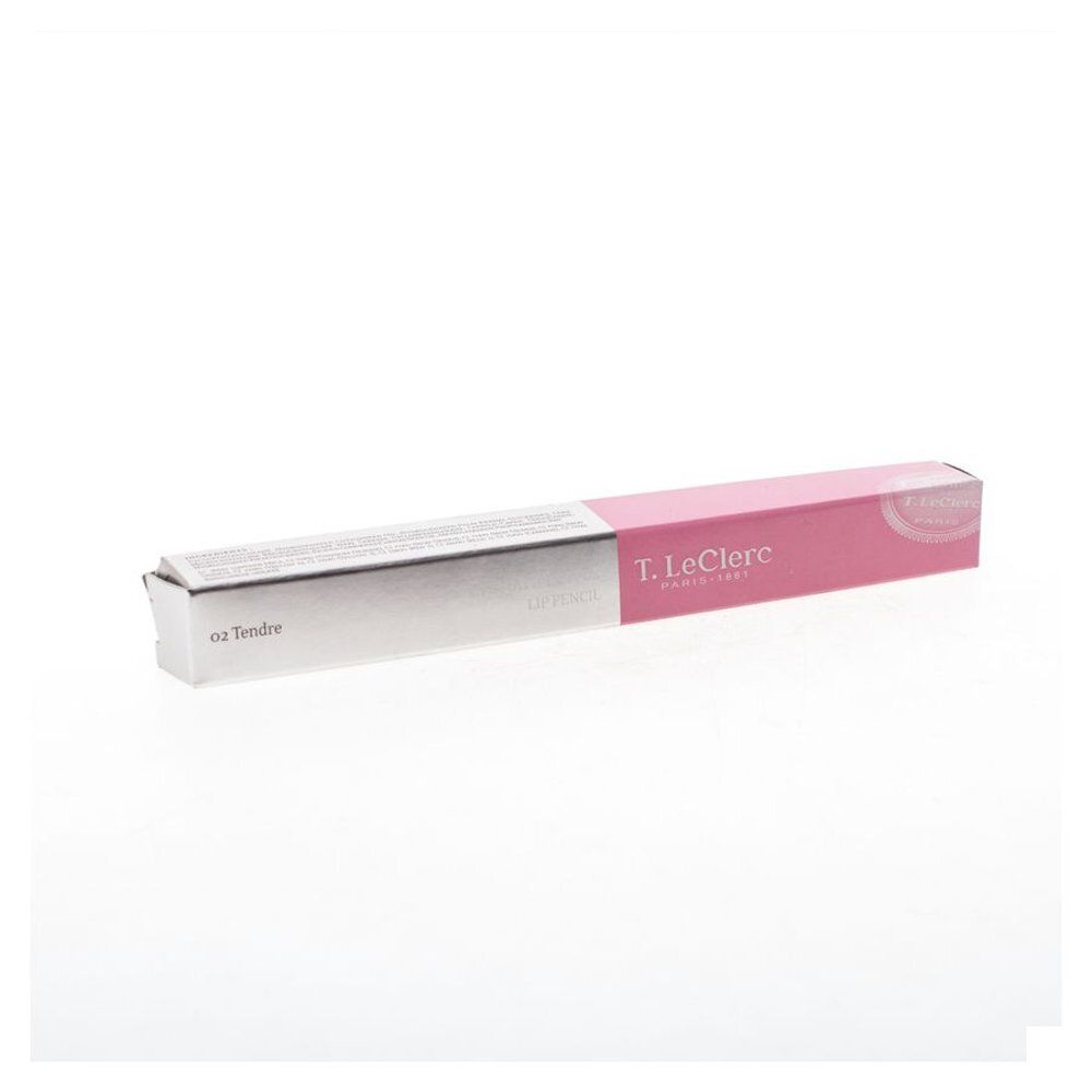 Emballage rose avec informations produit. Marque : T.LeClerc. Produit : Crayon à Lèvres. Couleur : 02 Tendre.