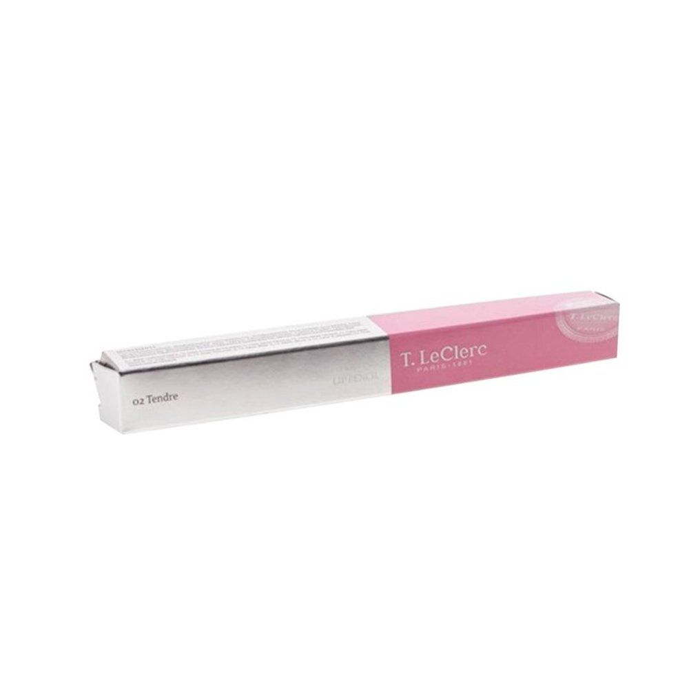 Emballage rose avec informations produit. Marque : T.LeClerc. Produit : Crayon à Lèvres. Couleur : 02 Tendre.