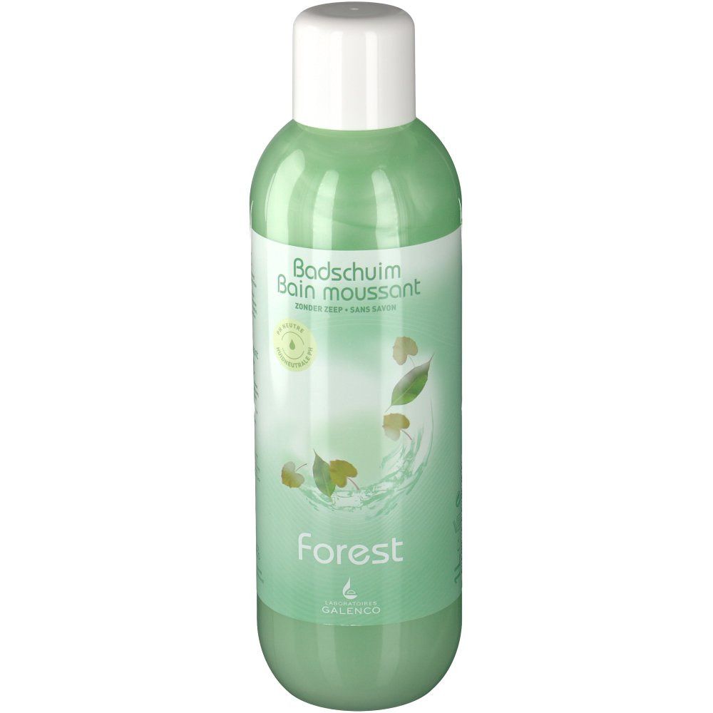 Flacon vert avec bouchon blanc. Inscription : Bains moussants, Forest, Galenco. Illustration de feuilles et d'eau.