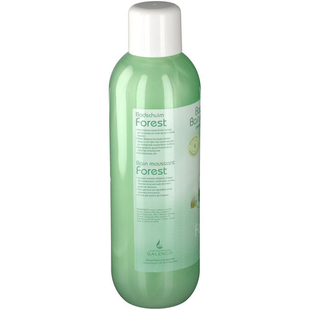 Flacon vert avec bouchon blanc. Étiquette avec texte. Inscription : Bains moussants, Forest, Galenco.