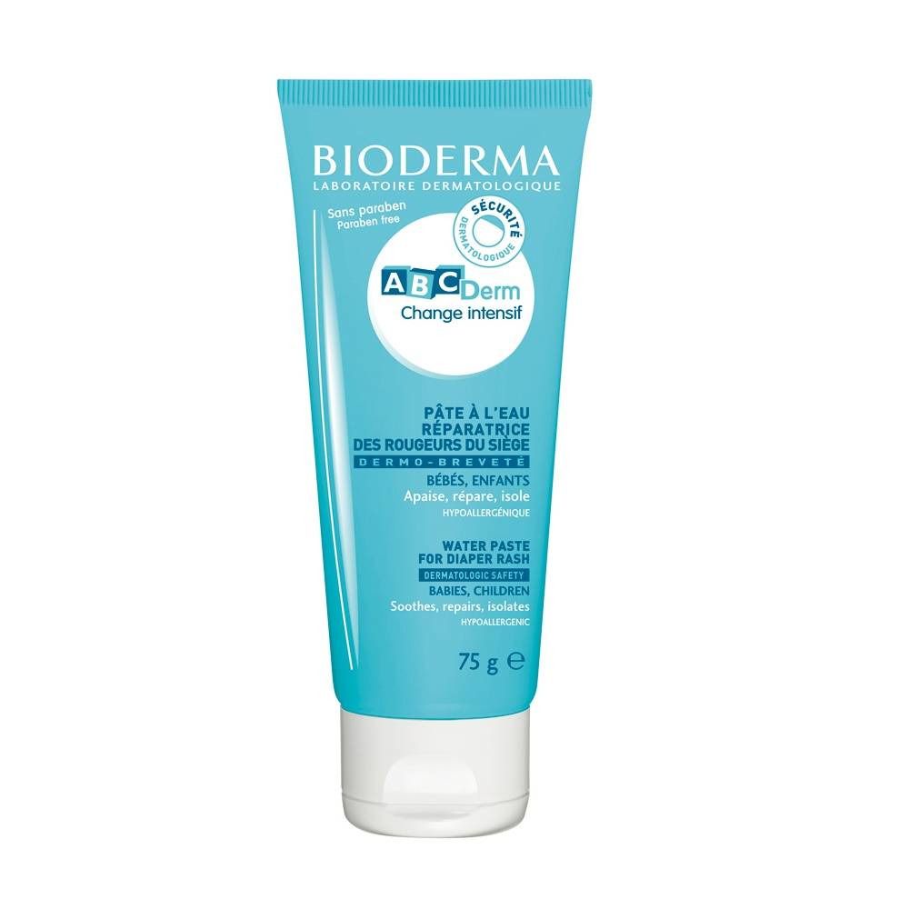 Tube bleu clair Bioderma ABC Derm Change Intensif. Texte: Pâte à l'eau réparatrice des rougeurs du siège. Pour bébés et enfants. 75 g.