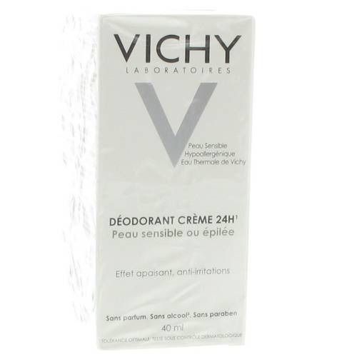 Emballage blanc avec logo VICHY et indication: DÉODORANT CRÈME 24H¹. Peau sensible ou épilée. Sans parfum, alcool, paraben. 40 ml.